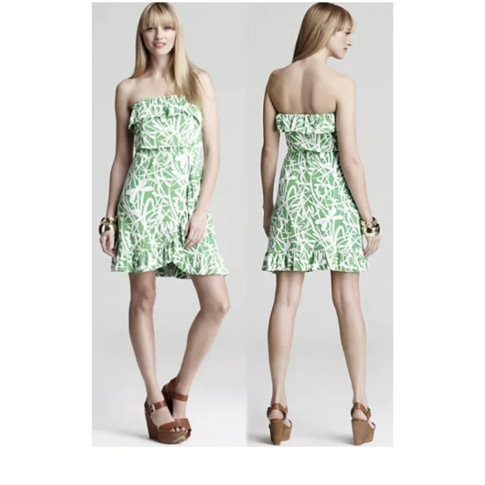 Lilly Pulitzer Flor Green Bean Light My Fire Strapless Ruffle Stretch Dress S